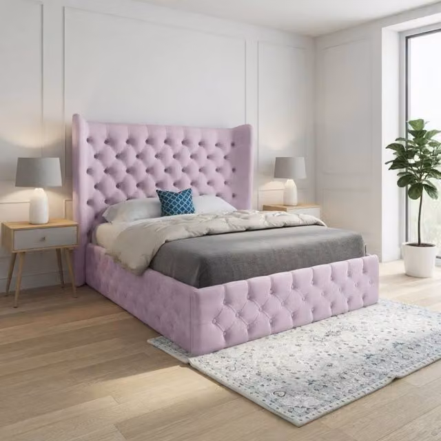 Casani Hutton Wide Winged Upholstered Pink Soft Velvet Designer Bed Frame, W/D/H: 200 x 137 x 220 cm
