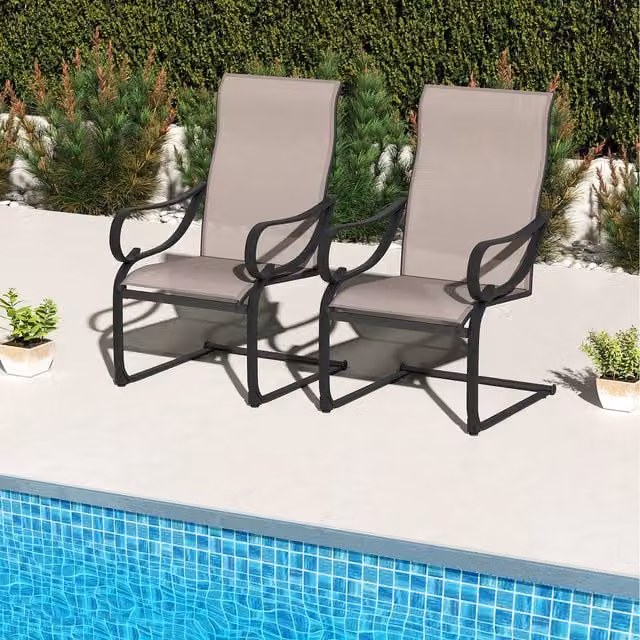 Costway Set of 2 Modern Grey Textilene Patio C-Spring Dining Chairs with Armrests and Cantilever Base