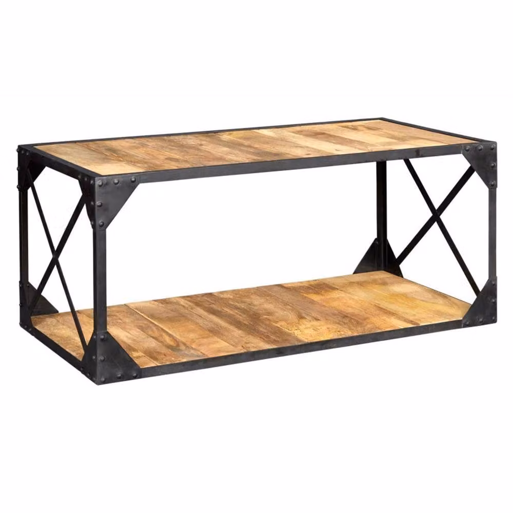 Wyld Haus Oulu Industrial Reclaimed Wood and Metal Coffee Table with Bottom Shelf in Brown – 2