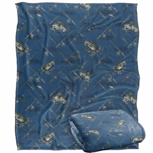 JQ Licensing Action Bass Fishing Pattern 2 Silky Touch Super Soft Fleece Throw Blanket in White, W/D/H: 152 x 127 cm