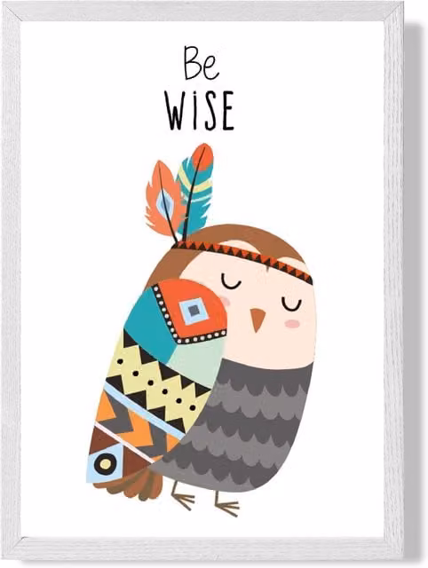 ARTZE Be Wise Owl Tribal Animal Quote Framed Print, Grey and White, A3 – 1