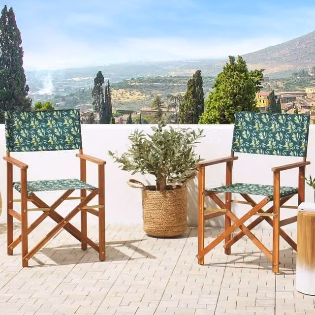 Wyld and Coco Heritage Garden Director's Chairs Set of 2, Green and White Acacia Wood and Metal Folding Chairs