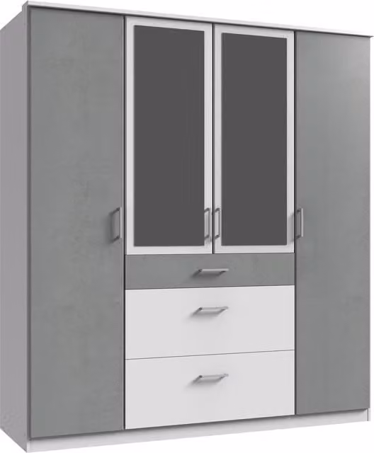Click Modern 4 Door Wardrobe with Integrated Drawers and Mirror in White and Grey