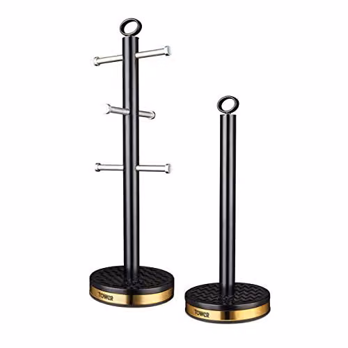 Tower Empire Freestanding Mug Tree and Towel Pole Set in Black and Bronze, Stainless Steel with Anti-Slip Base, H 40.5 cm x W 13.5 cm x D 13.5 cm
