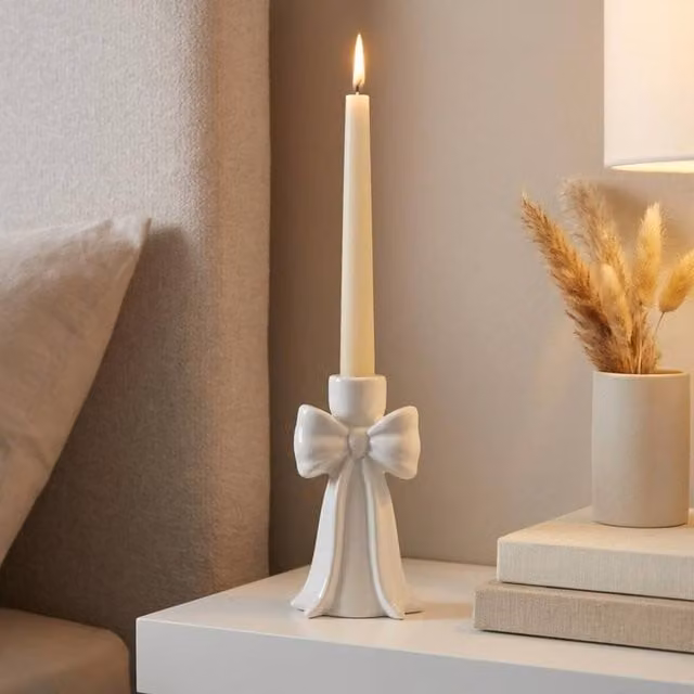 Garden Greatness White Ceramic Tall Draping Bow Taper Candle Holder