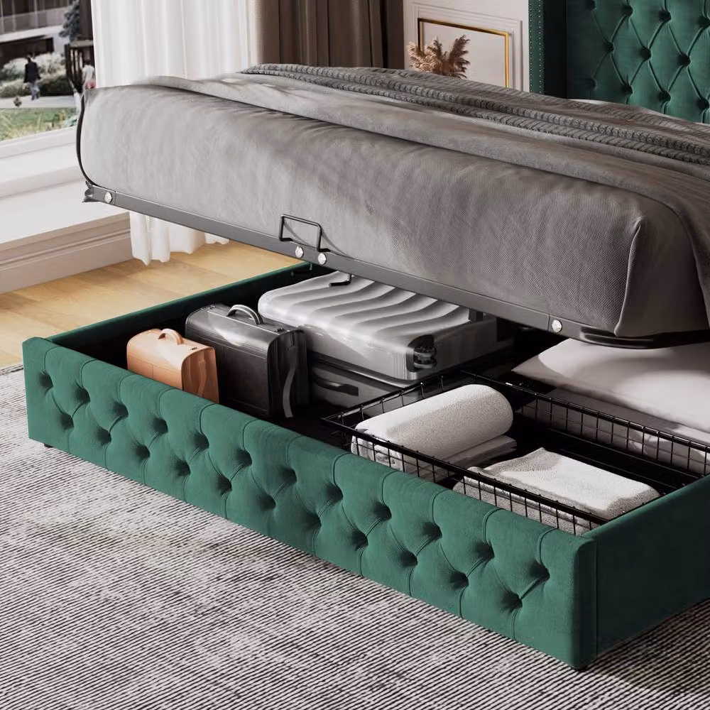 Rolipo Modern Upholstered Velvet Double Bed in Green with Lift Up Base, W/D/H: 140 x 200 cm – 2