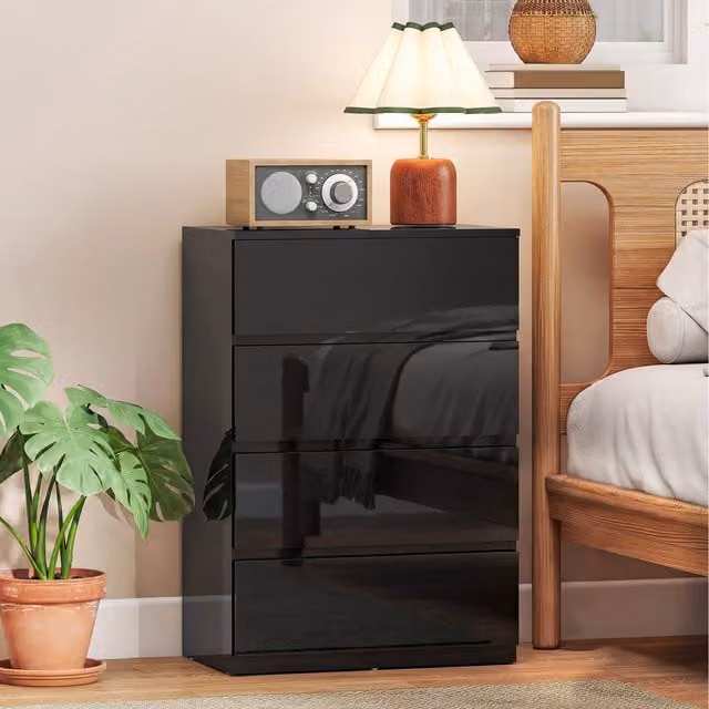 HOMCOM High Gloss Black Chest of Drawers with Soft Closing Mechanism W: 80 cm, D: 34 cm