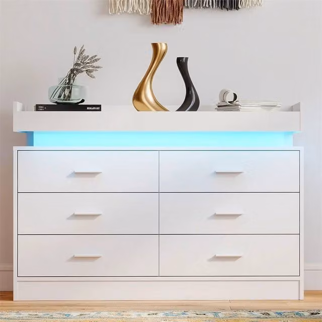 NESTLUNE Modern White 6 Drawer Bedroom Storage Cabinet with Integrated RGB LED Lighting – 1