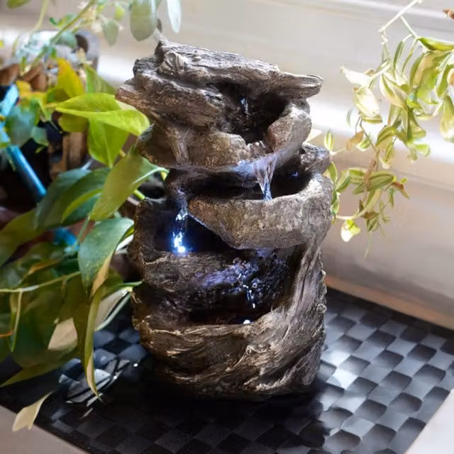 Primrose Hayal 3-Tier Cascading Tabletop Water Feature with RGB LED Lights, Brown
