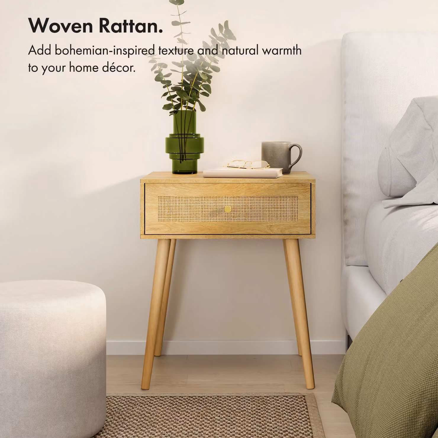 VonHaus Sienna Set of 2 Rattan Fronted Bedside Tables in Sand and Gold, W/D/H: 40 x 40 x 57 cm – 2