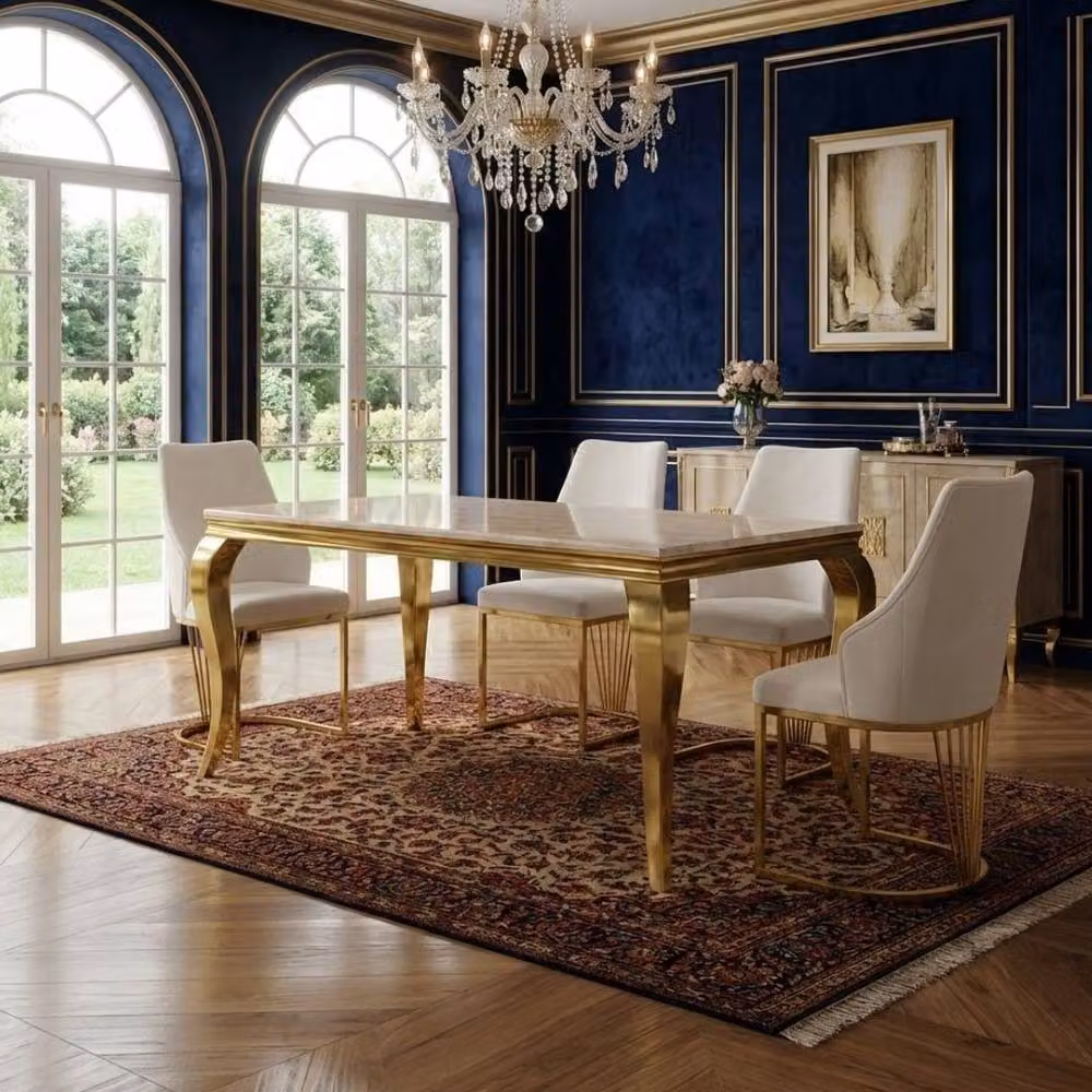HOME LUXE INTERIOR Sofia Rectangular Marble Dining Table and 4 Lasco Fabric Chairs in Cream and Gold – 3