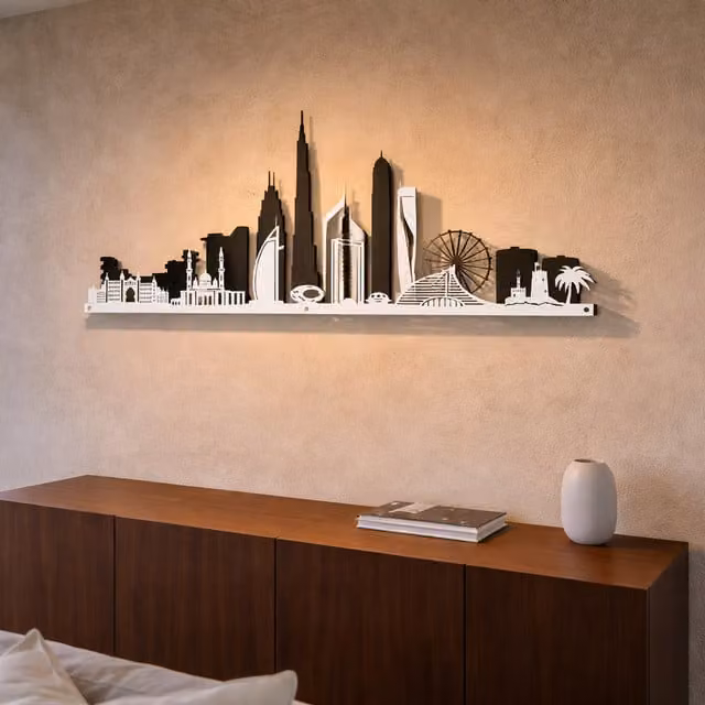 Laser Hut Dubai Skyline Modern Metal Wall Art in Black and White