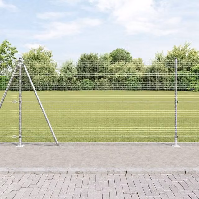 Berkfield Home Grey Galvanised Steel Welded Wire Fence with 13 Flanged Posts, H: 120 cm, W: 25 m
