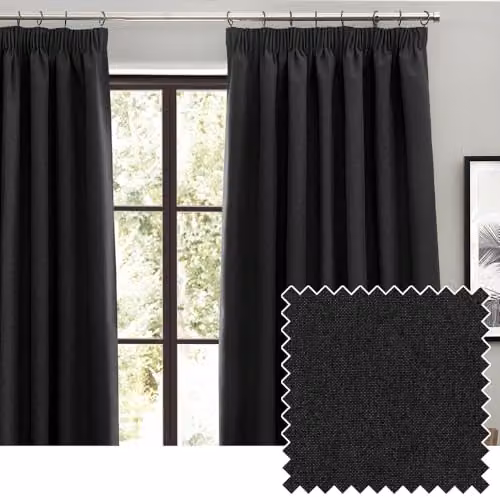 Riva Home Dawn Textured Blackout Pencil Pleat Curtains, Black, Width: 168 cm, Drop: 183 cm – 1