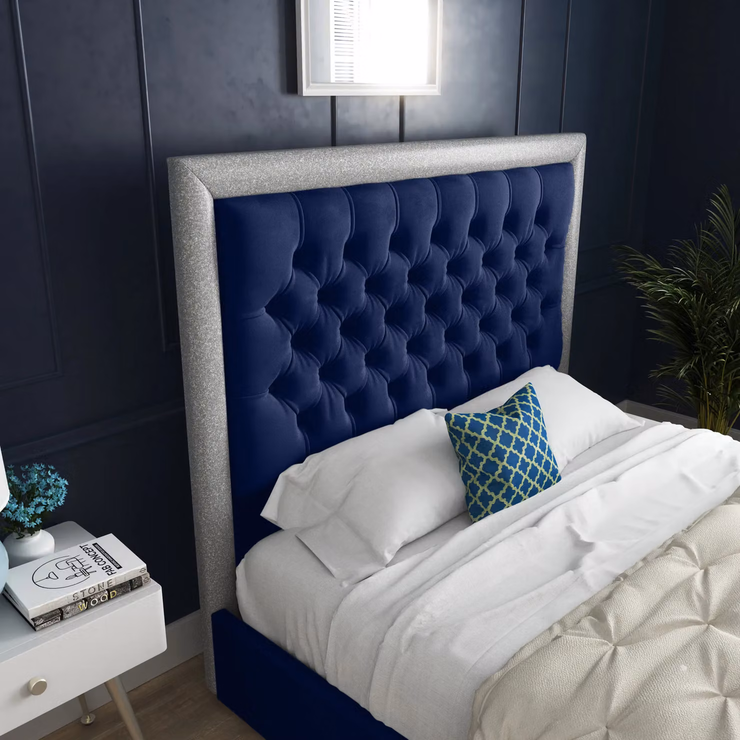 DS Living Cheltenham Blue Velvet Upholstered Bed Frame, W: 140 cm, D: 200 cm – 2