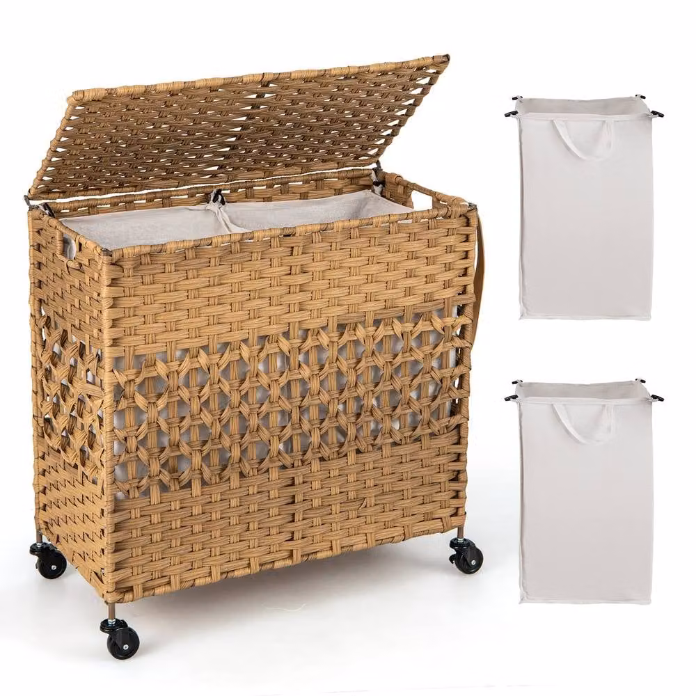 Costway 110L 2-Section Laundry Hamper with Lid and Wheels in Beige – 4