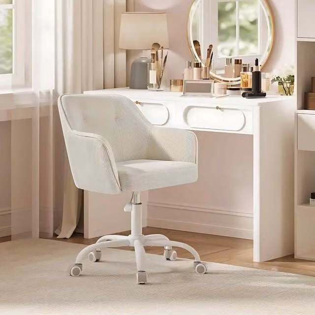 The Bazaarist Modern Swivel Corduroy Task Office Chair with Armrests in Sand Beige