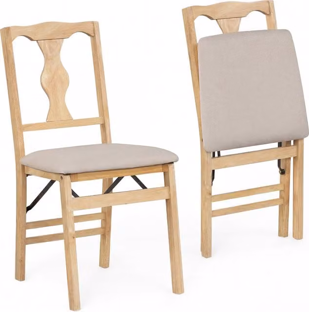 Costway Set of 2 Upholstered Dining Chairs in Beige and Brown with Rustic Wood Legs