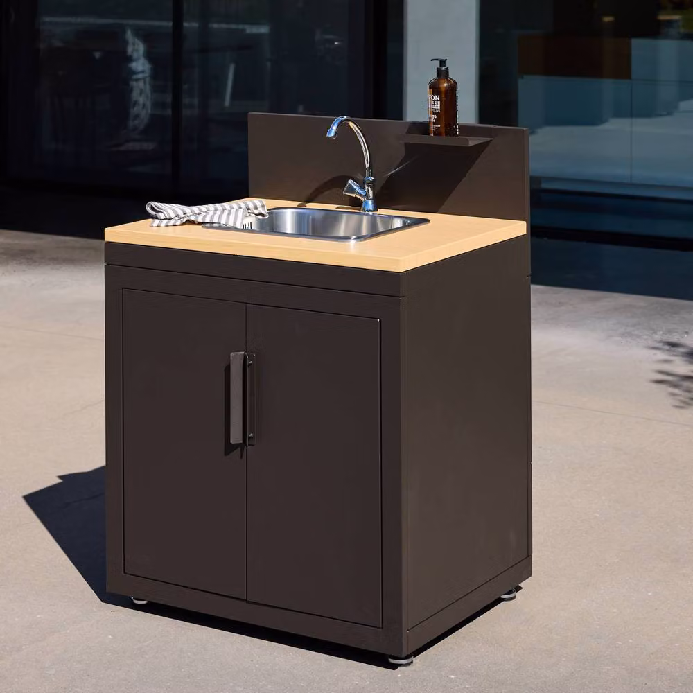 sweeek Outdoor Kitchen in Black with Steel and Wood Decor, 1 Sink, 2 Doors and 1 Hook, W: 80 cm, D: 60 cm, H: 110 cm – 3