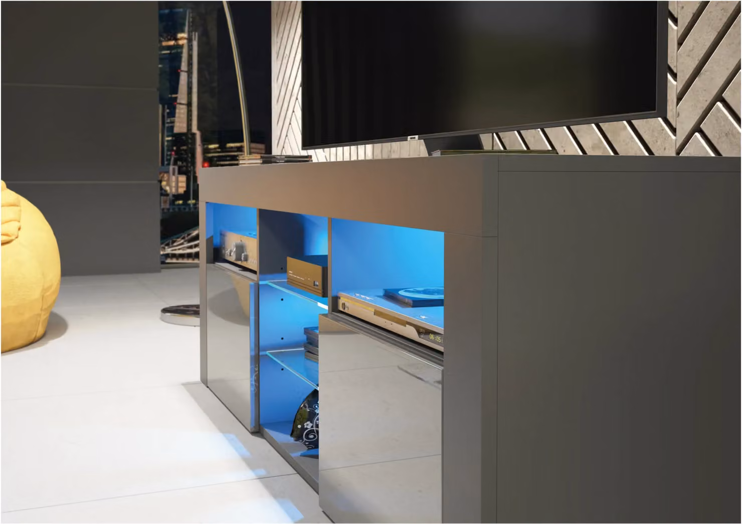 Creative Furniture Pulse TV Unit in Grey with Glossy MDF Doors and Glass Details, W: 145 cm, H: 53 cm, D: 35 cm – 4