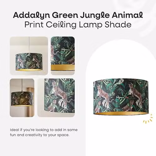 ValueLights Addalyn Green Jungle Animal Print Fabric Cylinder Ceiling Lamp Shade with Gold Inner and Bulb – 2
