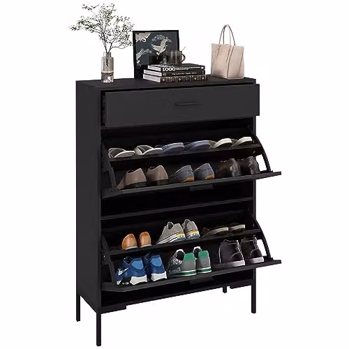 HOMCOM Modern Black Shoe Storage Cabinet with Tilting Compartments and Drawers, H 76 cm x W 110 cm x D 26 cm