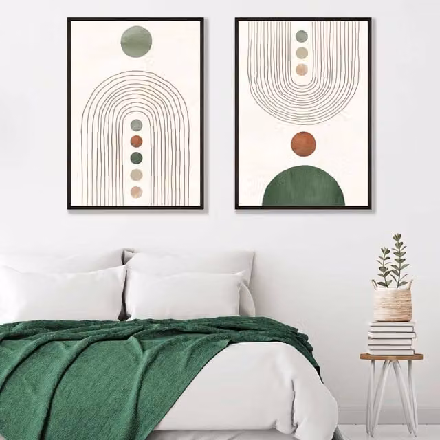 ARTZE Boho Arches Abstract Geometric Art Print Set of 2 in Green, Beige and Black with Black Wood Frames, W: 50 cm, H: 70 cm