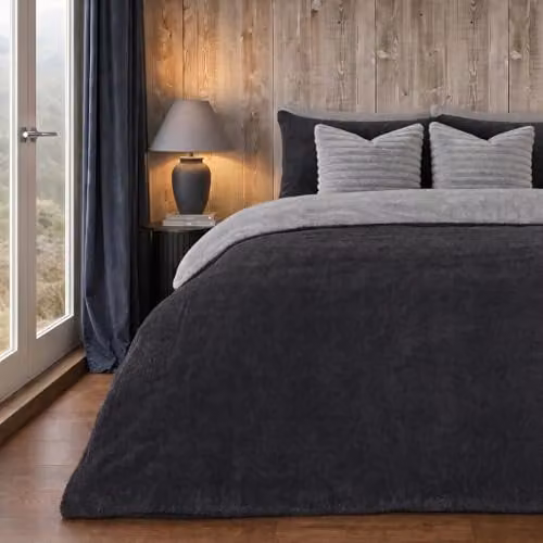 Brentfords Reversible Teddy Fleece Duvet Cover and Pillowcase Set, Grey, W/D/H: 180 x 200 cm – 1