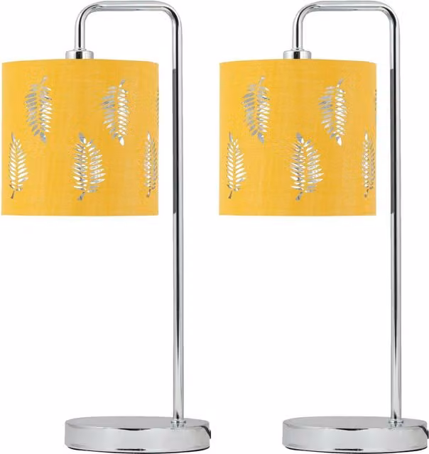 First Choice Lighting Set of 2 Arched Table Lamps with Ochre Fern Cut Out Shades in Silver