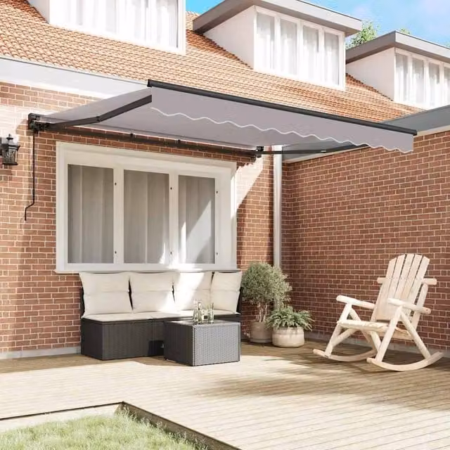 Berkfield Home Manual Retractable Folding Arm Awning in Light Grey Polyester, W: 300 cm, D: 250 cm – 1