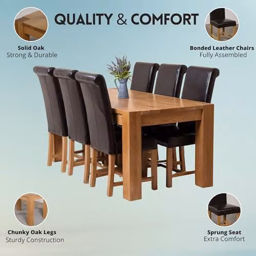Thats Furniture Kuba Solid Oak Dining Table and 6 Washington Brown Leather Chairs Set, W: 180 cm, D: 90 cm – 2
