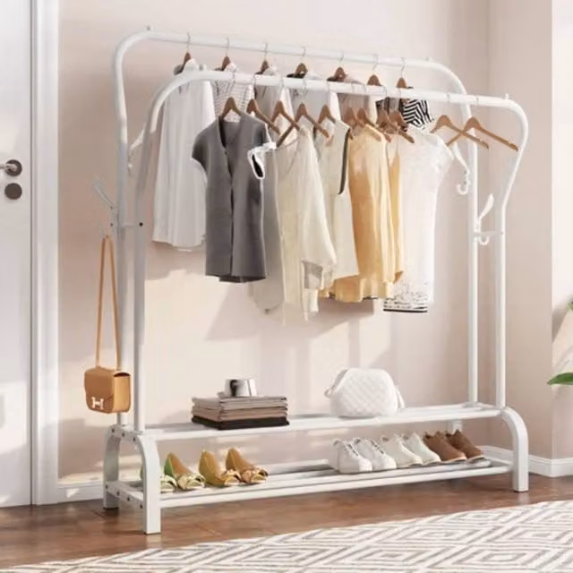 SPETLEK White Metal Clothes Rail and Garment Hanging Rack with Display Shelf