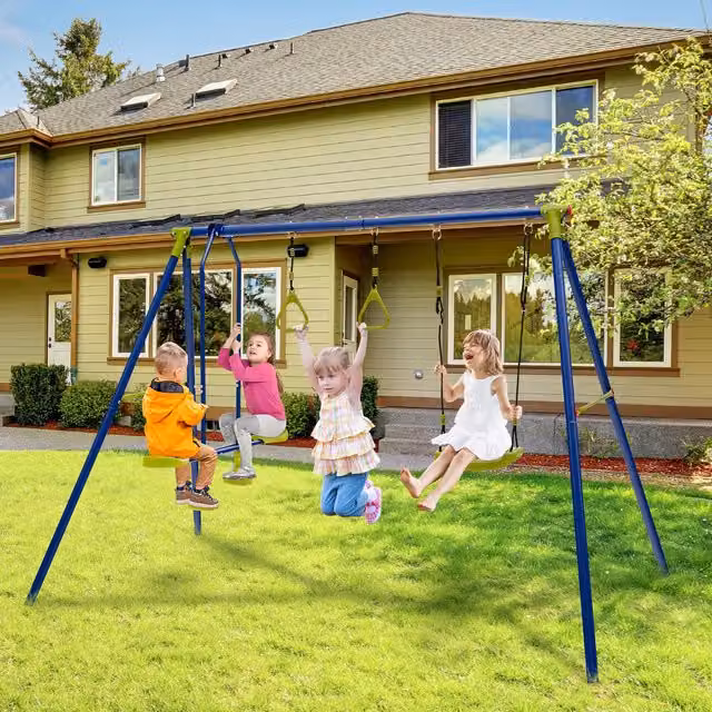 Costway 3-in-1 Heavy-Duty Metal A-Frame Swing Set in Blue
