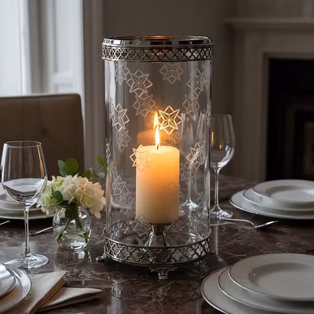 Orsina Moroccan Geometric Round Glass and Metal Tabletop Pillar Candle Holder in Silver