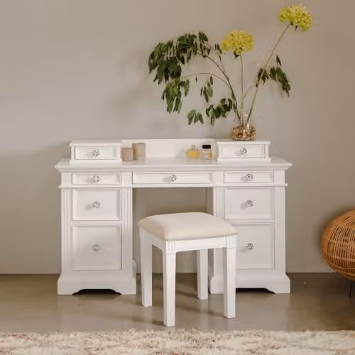 Statement Furniture Gainsborough Dressing Table in White with Extension Drawers and Crystal Handles