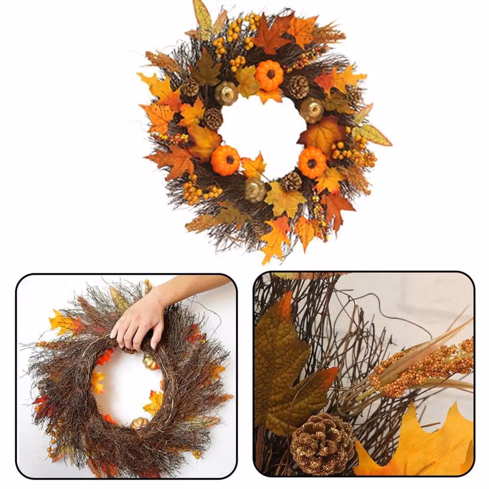 Garden Sanctuary Orange Prelit Artificial Autumn and Halloween Wreath with Seasonal Leaves – 4