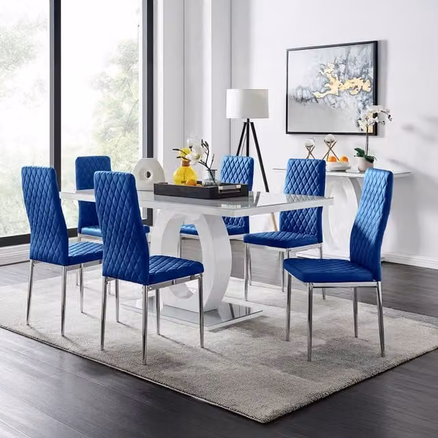 FurnitureboxUK Giovani Grey Dining Table with 6 Navy Velvet Milan Chairs
