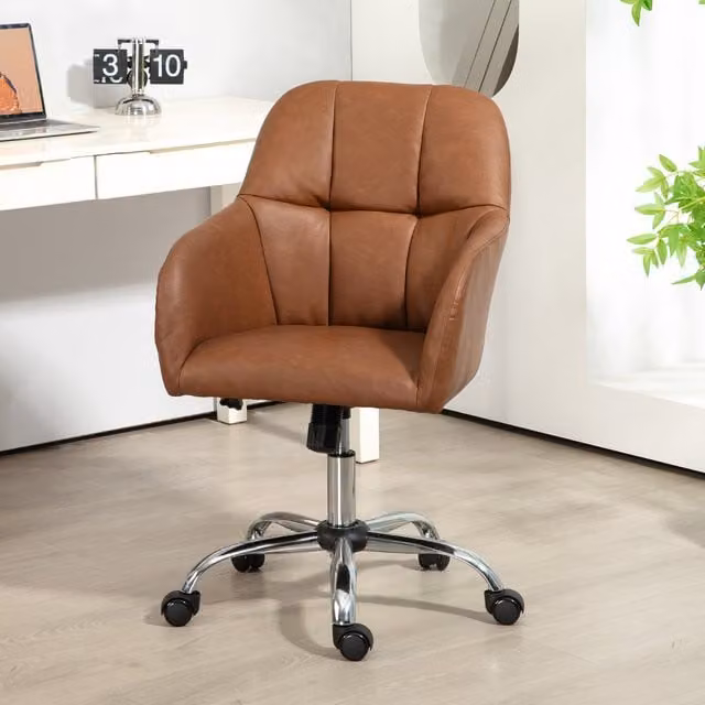 HOMCOM Modern Brown Faux Leather Computer Task Chair with Armrests and Castors