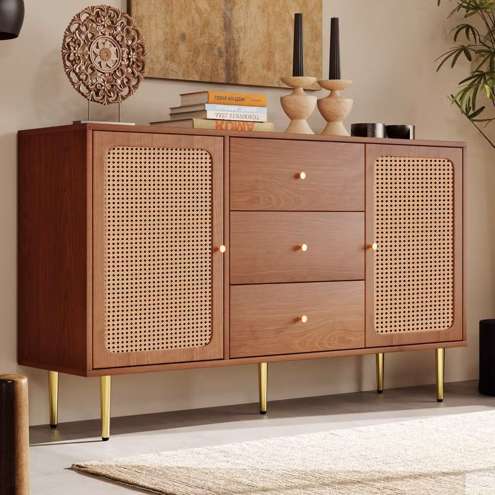 Merax Walnut Rattan Sideboard in Brown with Adjustable Shelves and Drawers – 5