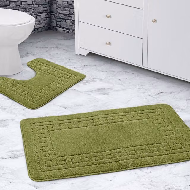 Velosso Greek Key Non-Slip Bath Mat and WC Pedestal Mat Set in Green