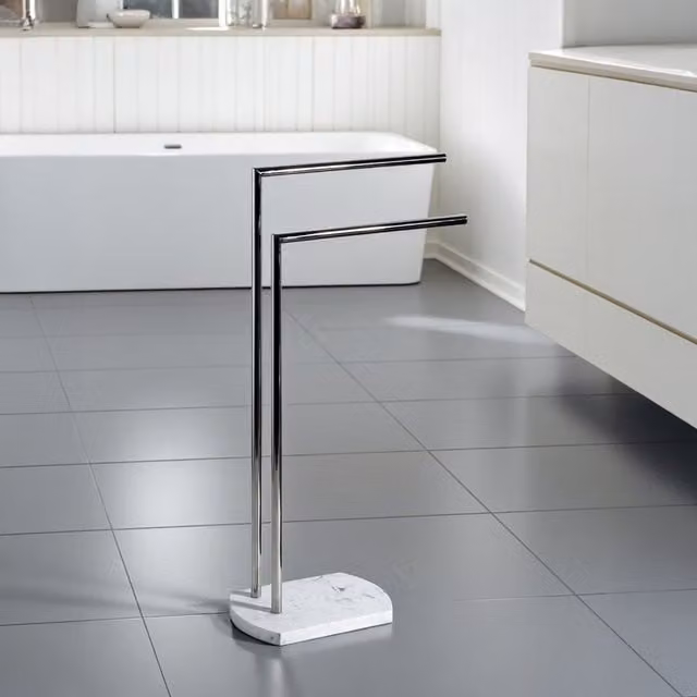 Showerdrape Octavia Freestanding Towel Stand in White Marble and Grey with Chrome Metal and Resin Details, H: 82.5 cm x W: 82.5 cm x D: 20 cm – 1