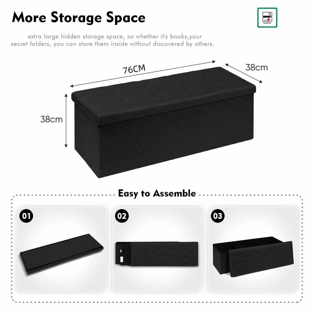 Dprodo Linen Storage Ottoman Folding Foot Rest Stool in Black, W/D/H: 76 x 38 x 38 cm – 3