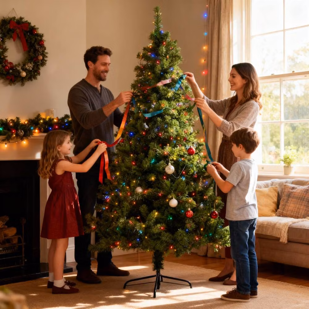 Shatchi 10ft Pre-Lit Alaskan Pine Artificial Christmas Tree in Green with Warm Multicolour LEDs and Metal Stand – 2