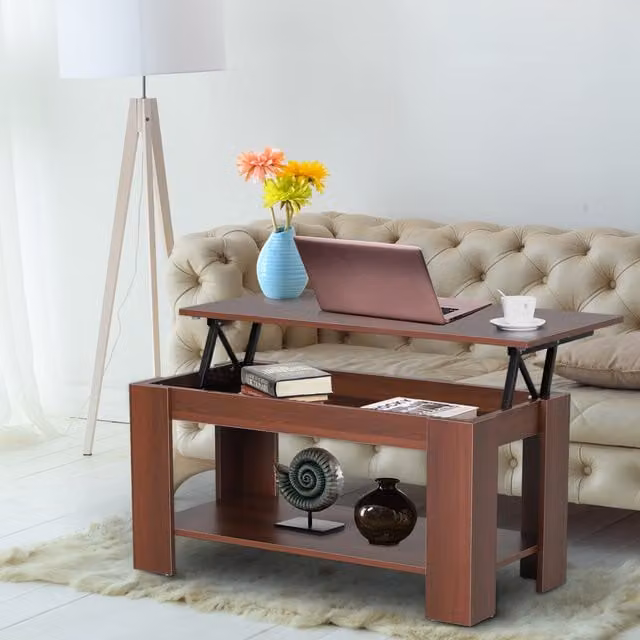HOMCOM Modern Rectangular Lift Up Top Coffee Table in Brown and Yellow Wood Grain Finish