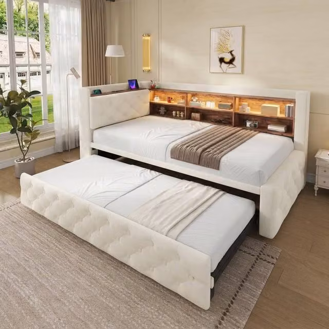 STILVORA Single Sofa Bed with Storage Armrest and USB Charging in Beige, W: 90 cm, L: 190 cm