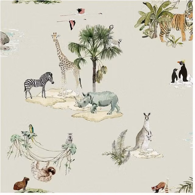 Sophie Allport Animals of the World Hambleton Sage Wallpaper in Green, W: 52 cm, H: 1000 cm