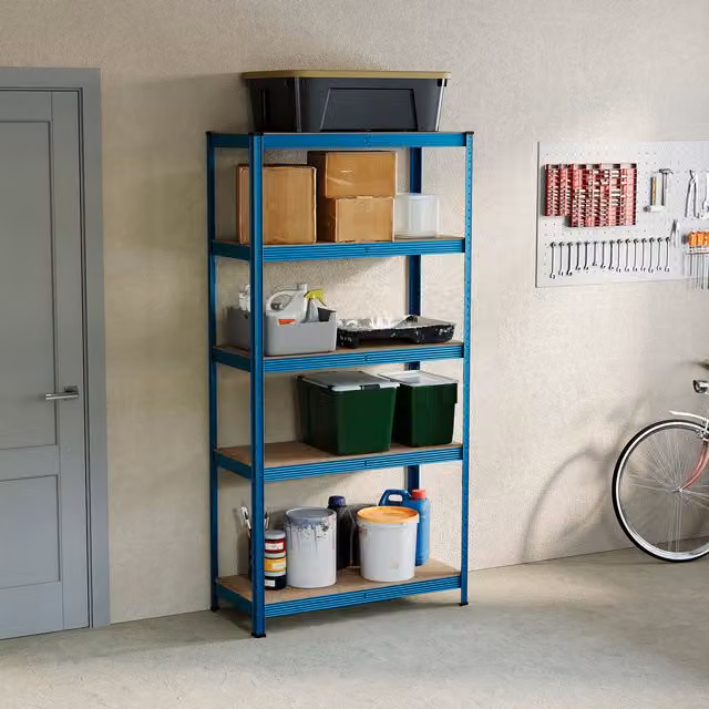 Vida Designs Blue 5 Tier Corner Shelving Unit with Adjustable Metal and MDF Shelves