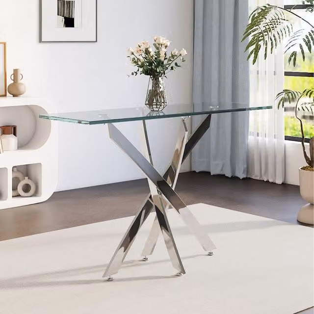 Komore Rectangular Tempered Glass Dining Table in Transparent and Silver