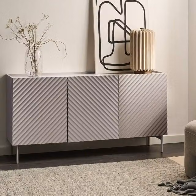 Wyld and Coco Three-Door Modern Sideboard in Matt Light Beige MDF with Metal Legs