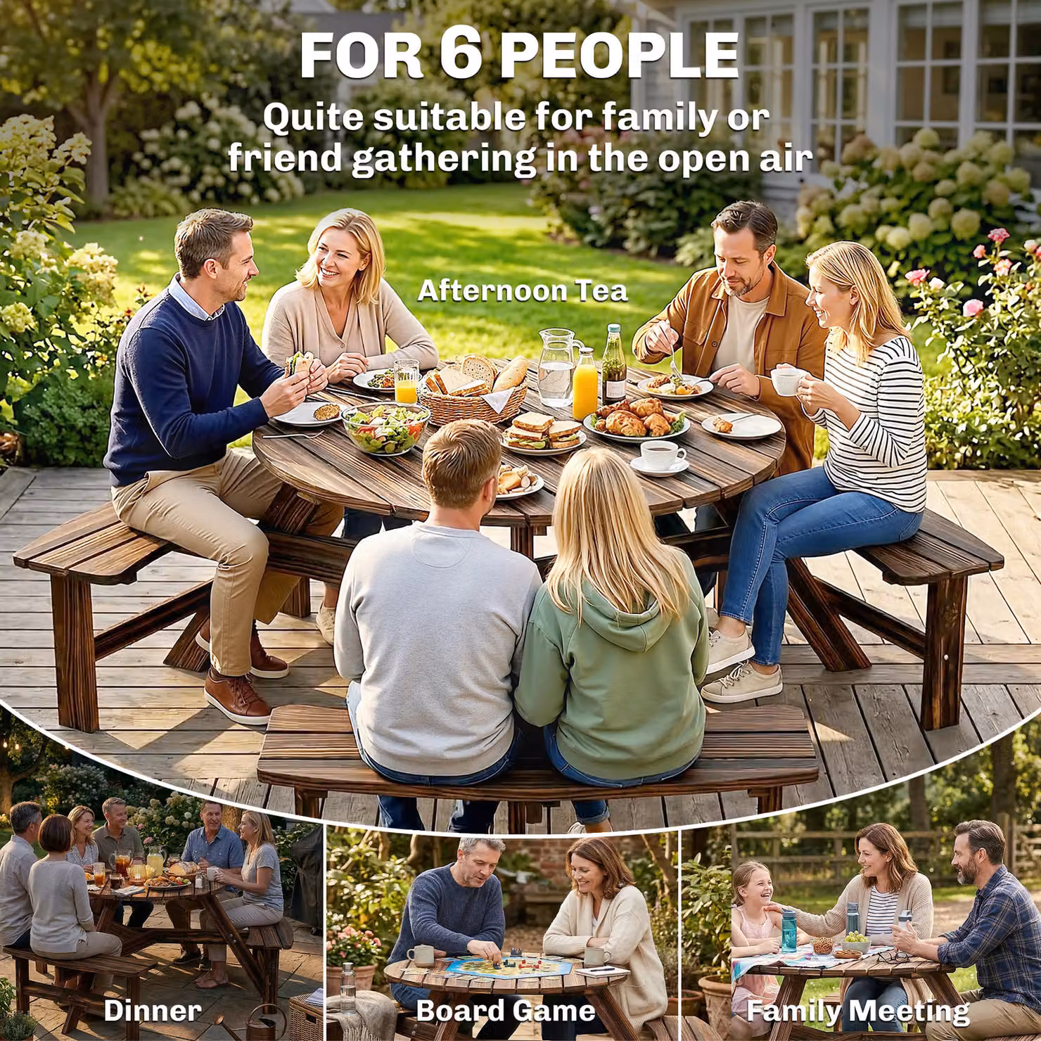 Outsunny 6 Seater Round Wooden Garden Dining Set in Brown with Matching Benches and Parasol Hole – 7